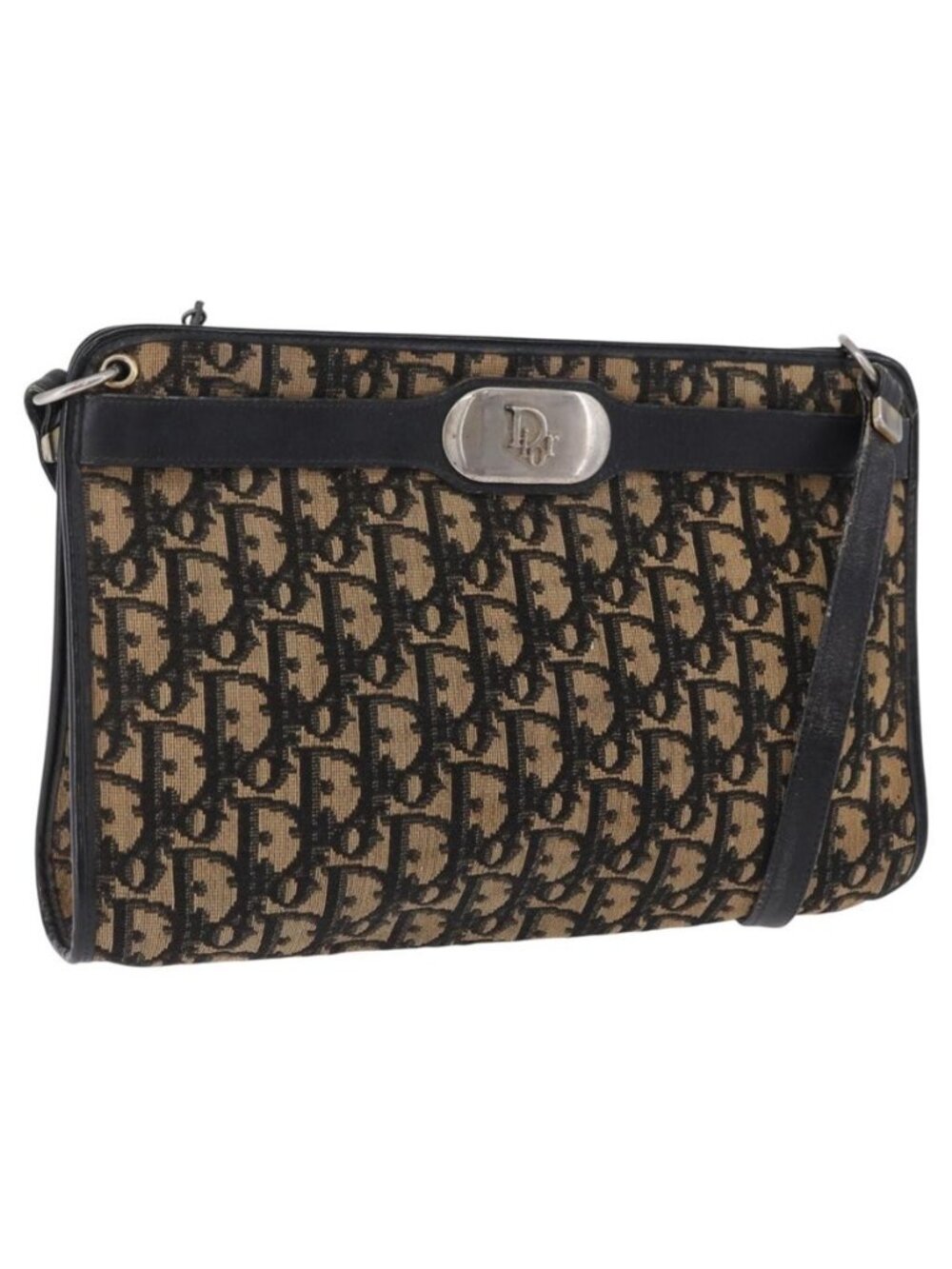 Authentic Christian Dior Trotter Canvas Shoulder Bag Navy Gold